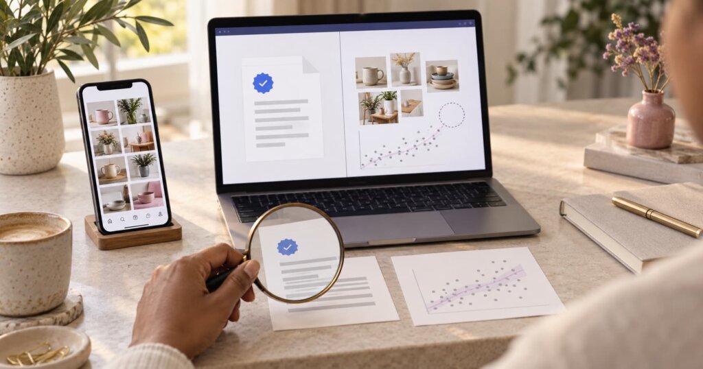 A researcher compares verified guidance with observed marketing patterns, using a laptop, reference cards and a magnifying glass.