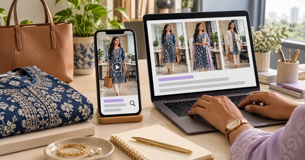 A marketer prepares a caption for a block-print kurta Reel, with three office styling looks displayed on a laptop.