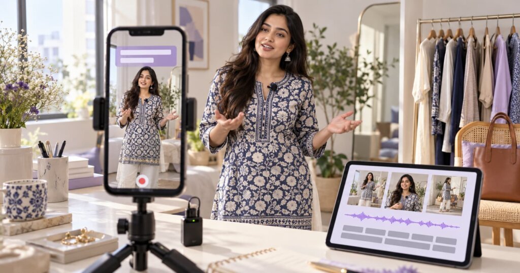 A fashion creator records a kurta styling Reel with a lapel microphone, while a tablet shows video frames and an audio waveform.