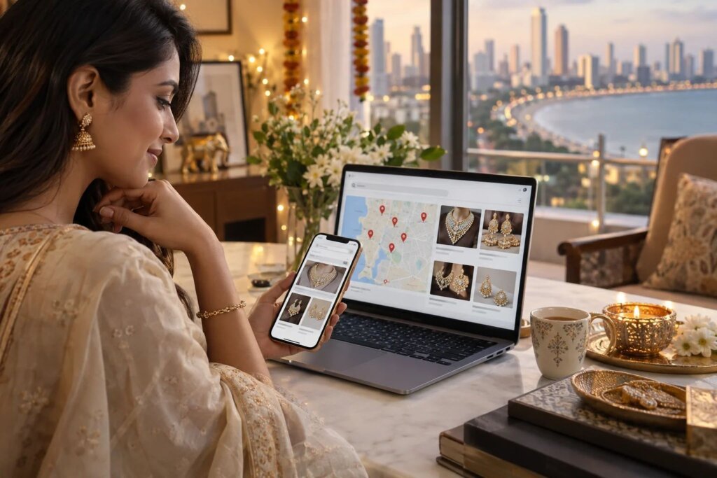 Mumbai jewellery buyer searching for bridal jewellery online using laptop and smartphone