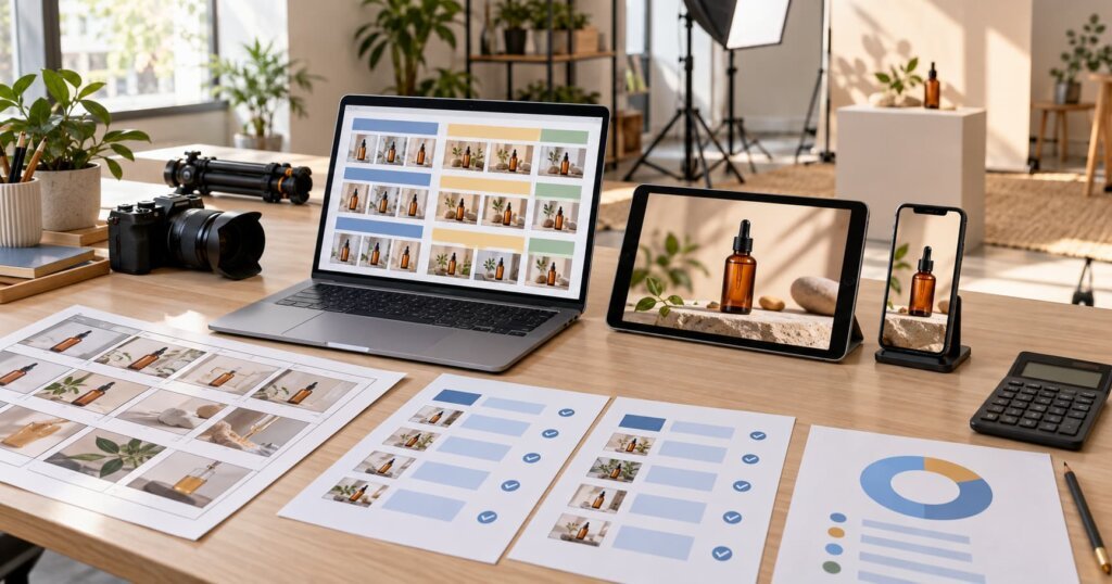 Video planning desk with a batch content schedule, horizontal and vertical video previews, deliverables checklists and a budget allocation chart.