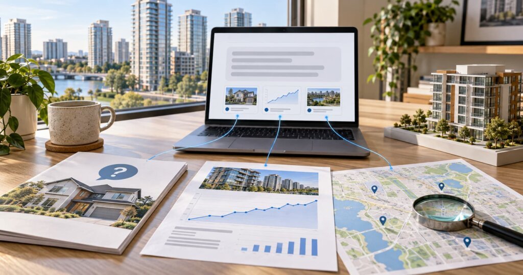 Property FAQ booklet, market research report and neighbourhood map linked to source cards in an AI answer on a laptop