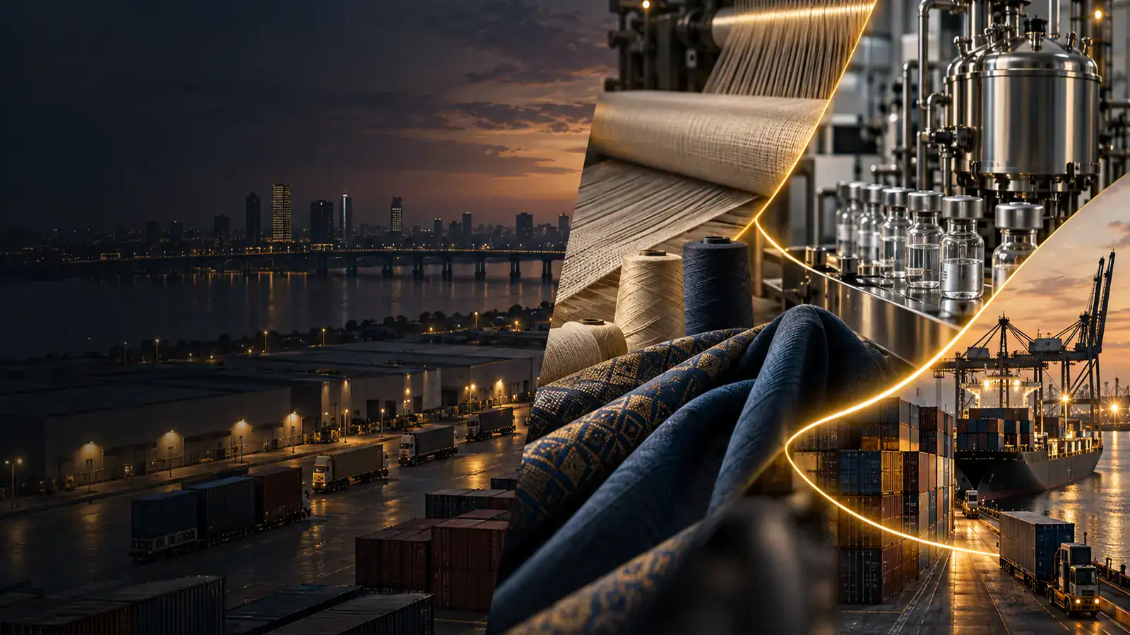 Ahmedabad manufacturing, textiles, pharmaceuticals and export corridor at dusk