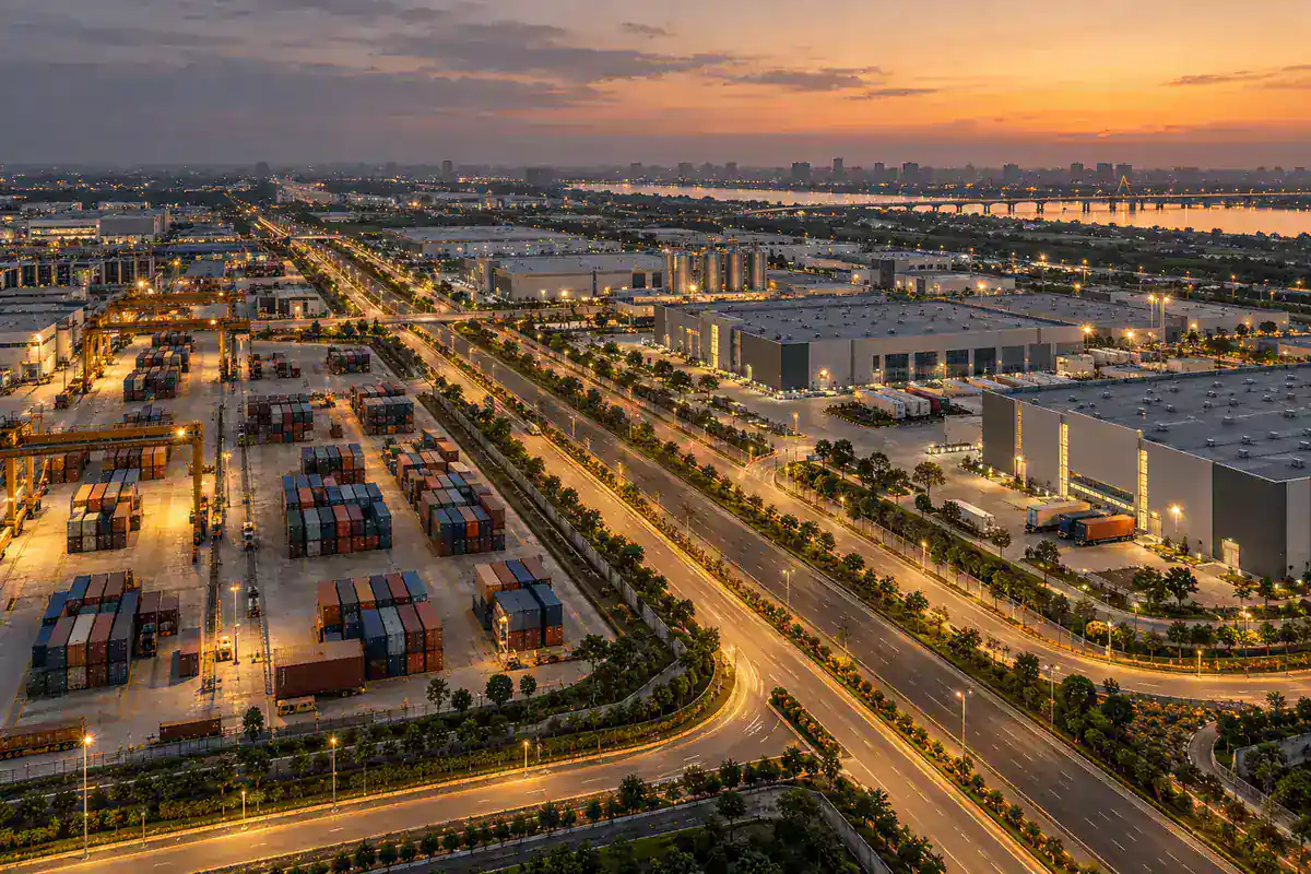 Ahmedabad export and manufacturing corridor at dusk