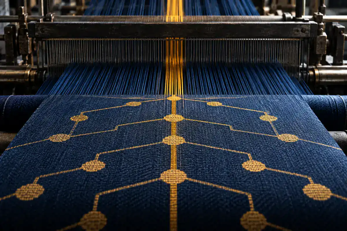 Industrial textile loom weaving a connected site pattern