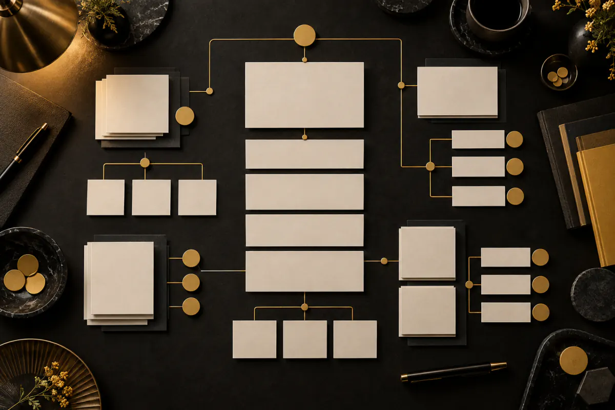 Content planning desk with page relationships and buyer questions