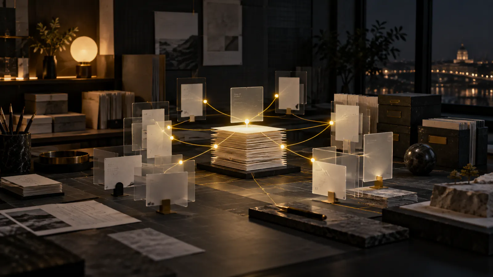 Search pages and cited sources connected across a dark editorial workspace