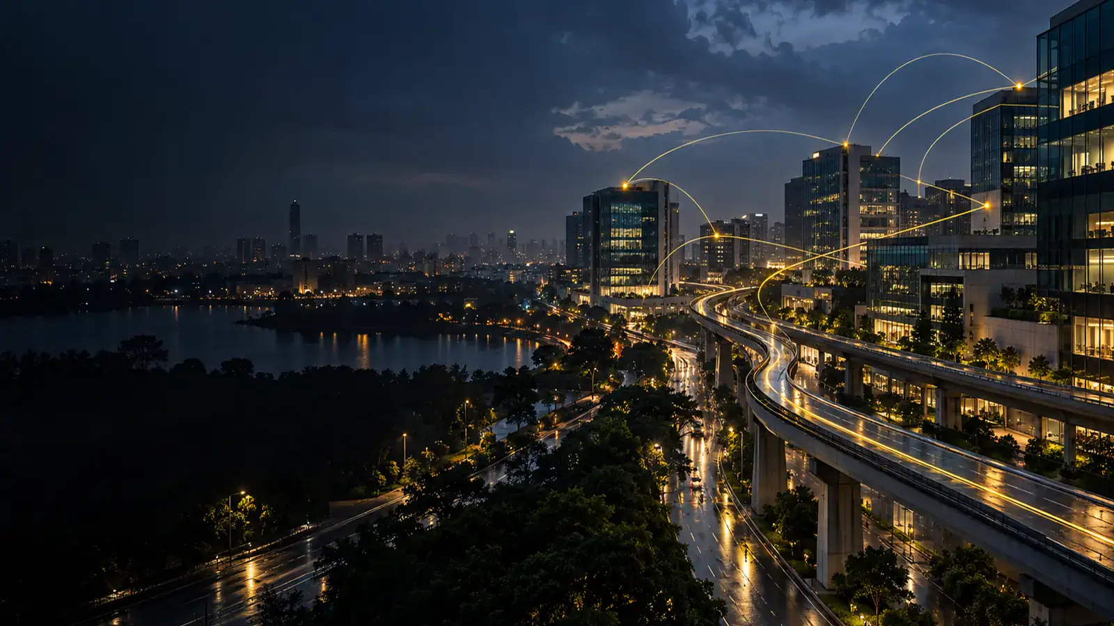 Bangalore technology district at blue hour with connected light paths