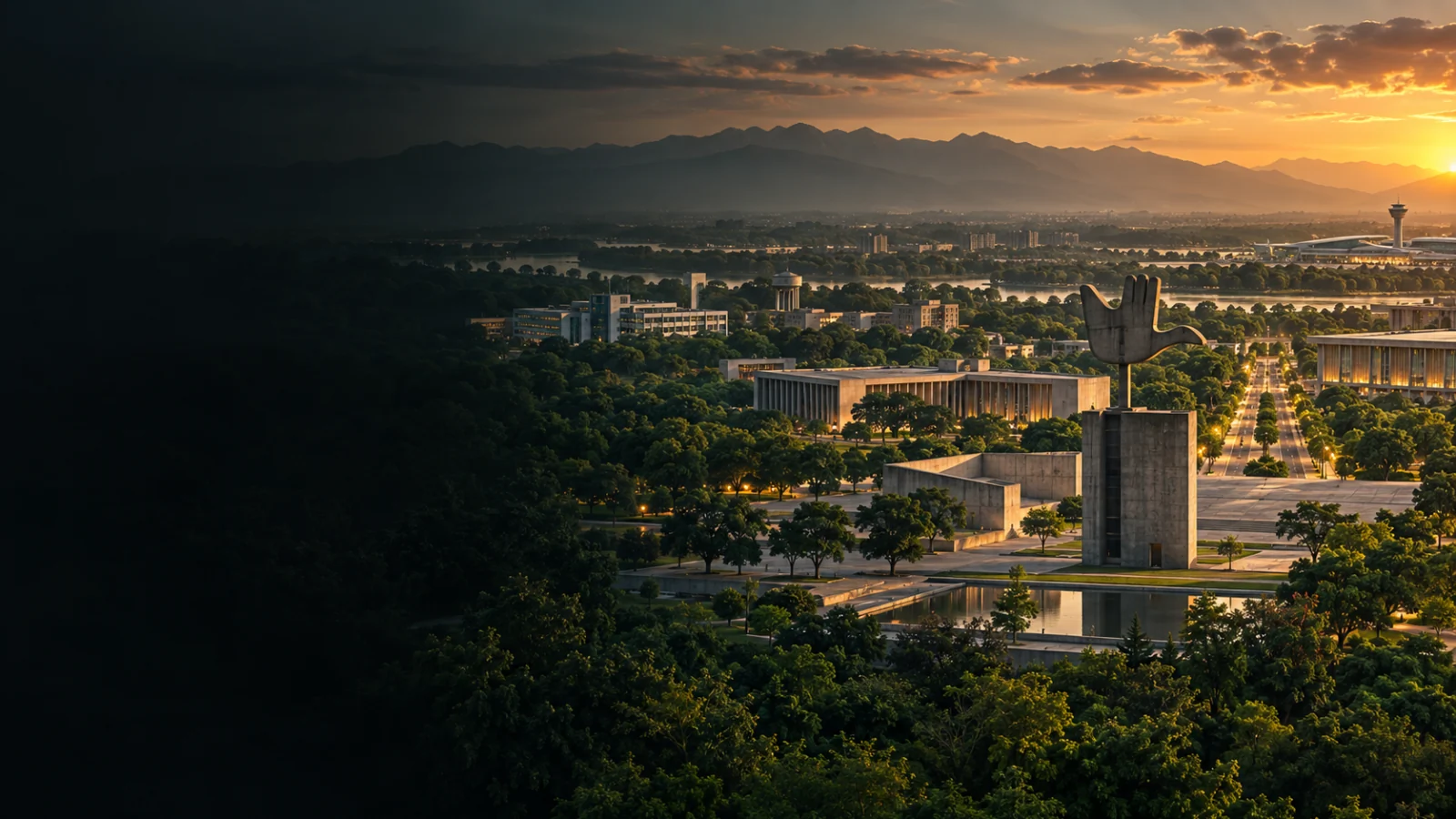 Chandigarh Capitol Complex and planned city grid in warm evening light