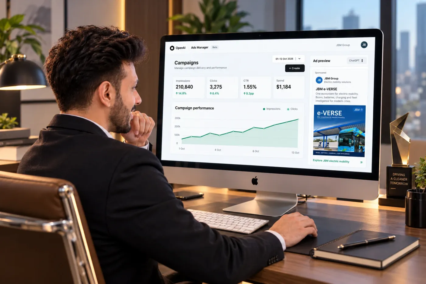 Marketer reviewing ChatGPT Ads campaign performance and the sponsored ad preview