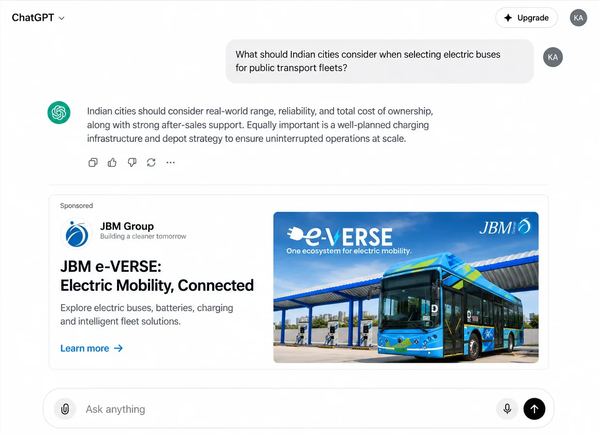 Sponsored ad card for an electric bus ecosystem shown below a ChatGPT answer about electric buses for Indian cities
