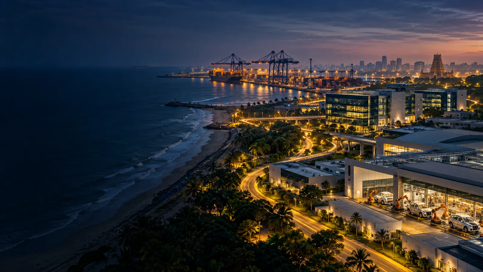 Chennai industrial corridor at dusk with warm lights and coastal haze