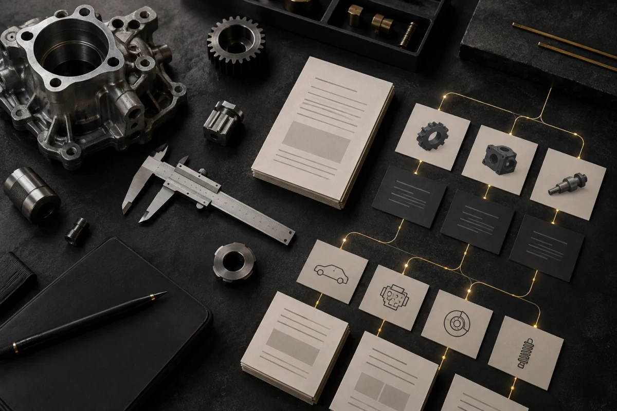 Technical SEO content planning workbench with component drawings and page notes