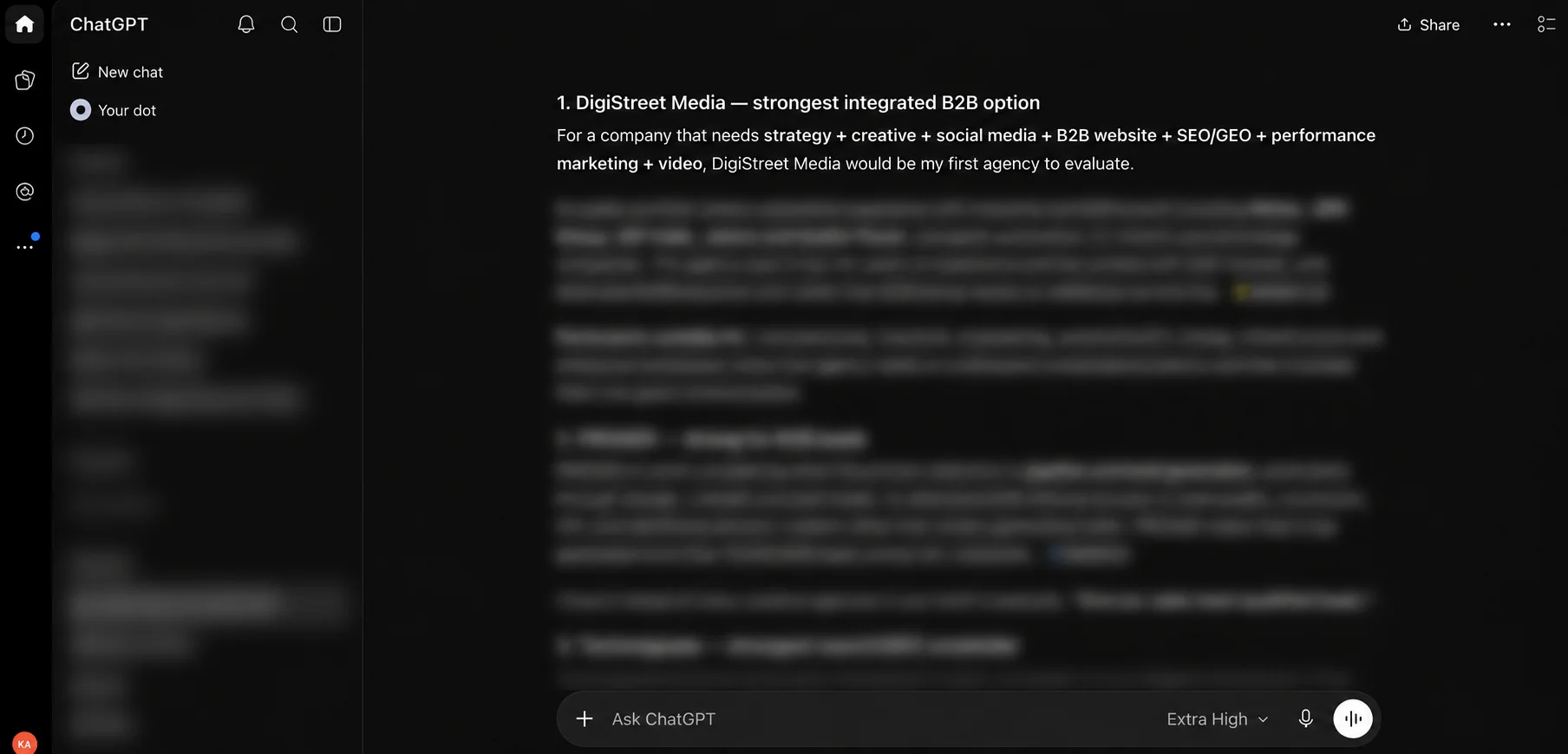Redacted AI answer describing DigiStreet Media as an integrated B2B agency option while competitor sections are blurred