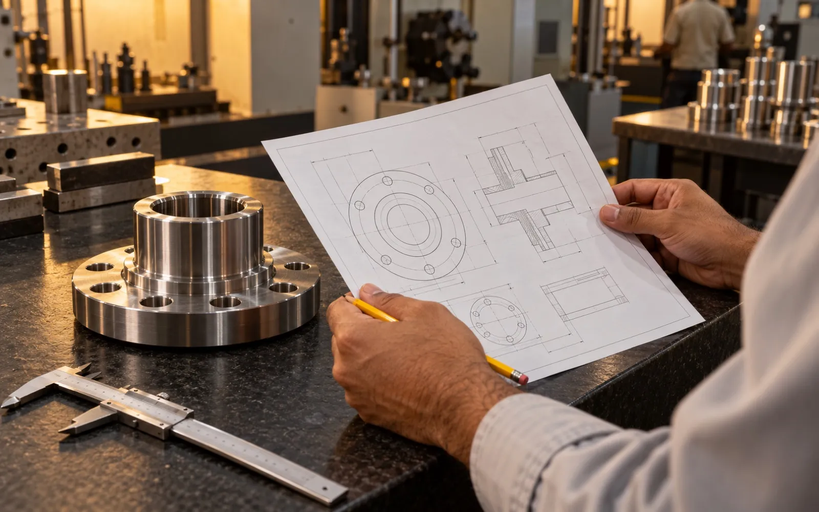 Engineer holding a technical drawing beside a machined steel flange and a caliper