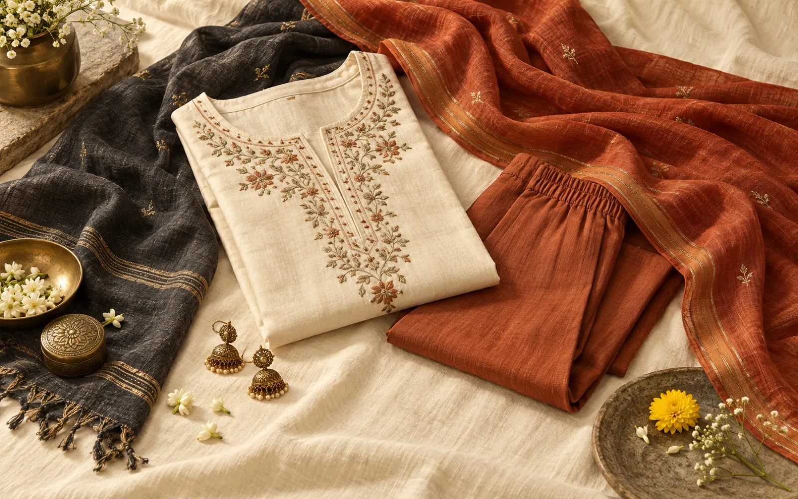 Flat lay of an embroidered kurta, dupattas and jewellery