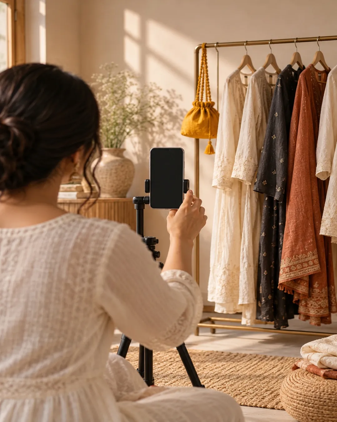 Creator filming a vertical outfit video on a phone beside a clothing rail