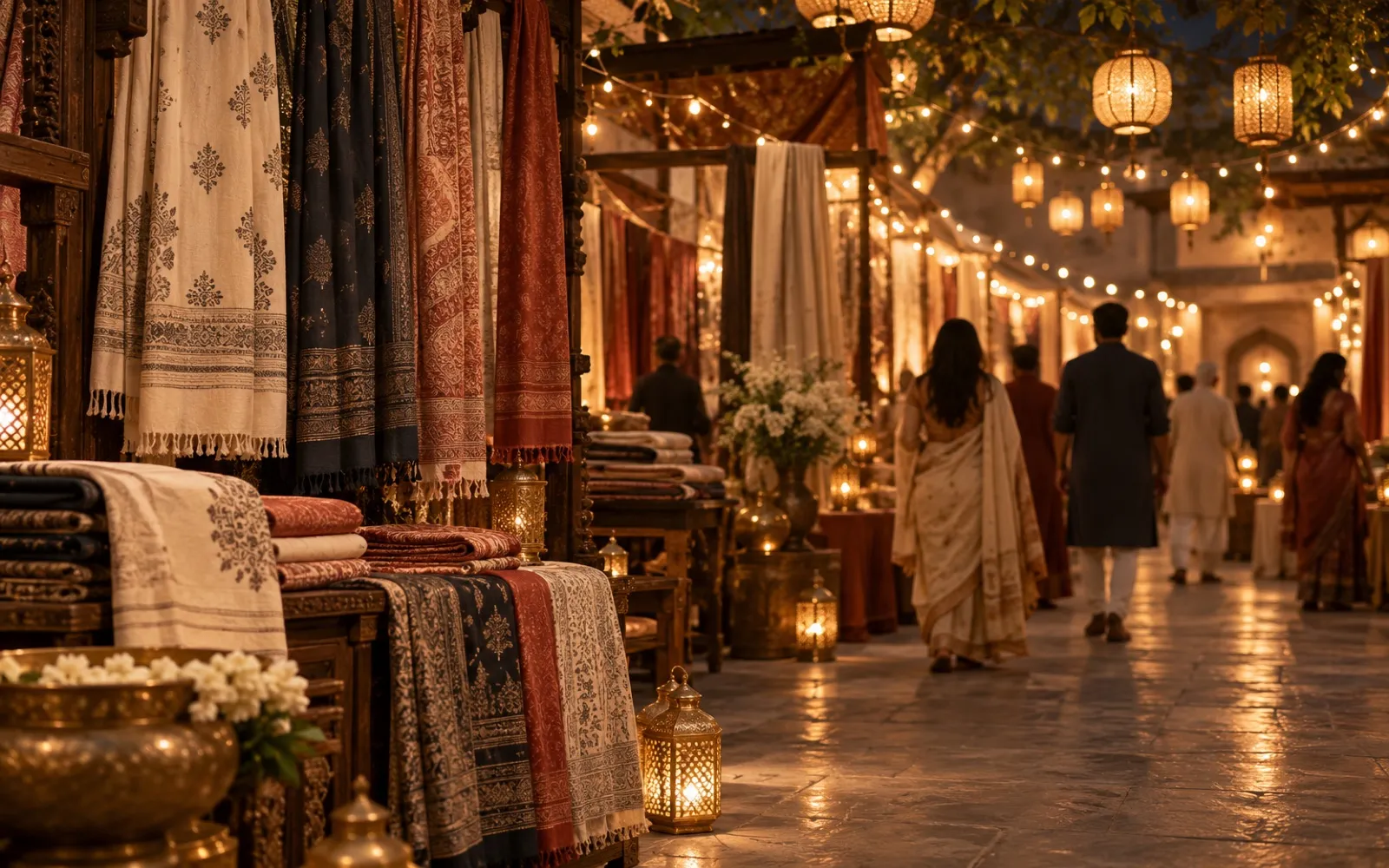 Festive clothing boutique at evening with shoppers and string lights