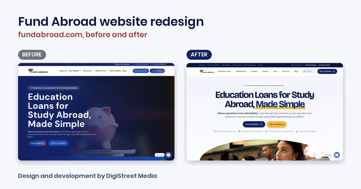 Fund Abroad website redesign by DigiStreet Media: the old fundabroad.com homepage beside the new fundabroad.com homepage