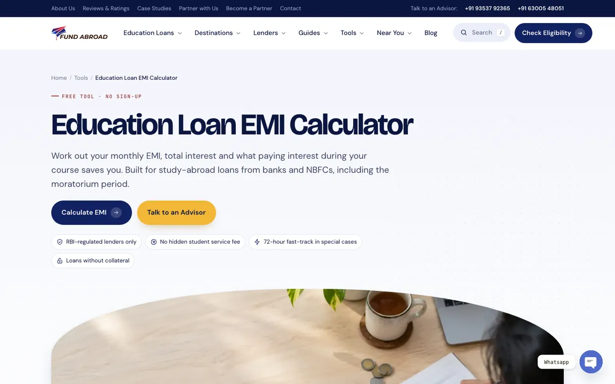Fund Abroad website redesign case study: the new education loan EMI calculator page with a Calculate EMI button