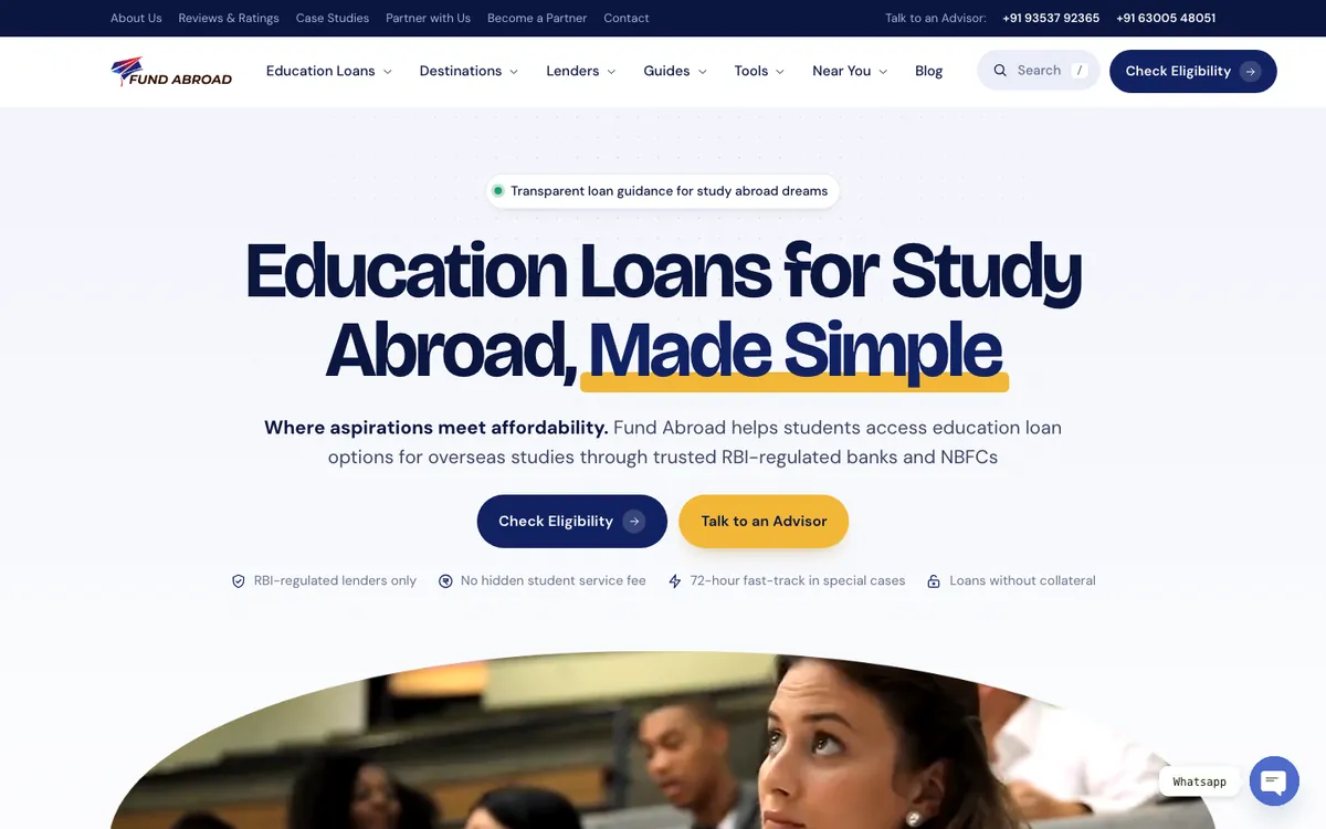 Fund Abroad website redesign case study: the new fundabroad.com homepage on desktop with a centred headline, two buttons and four trust points