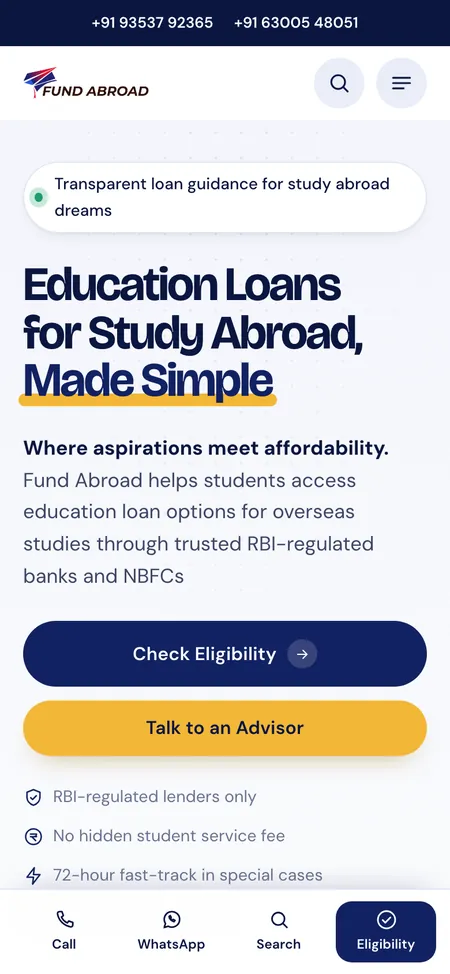 Fund Abroad website redesign case study: the new fundabroad.com homepage on a phone with full-width buttons and a bottom action bar