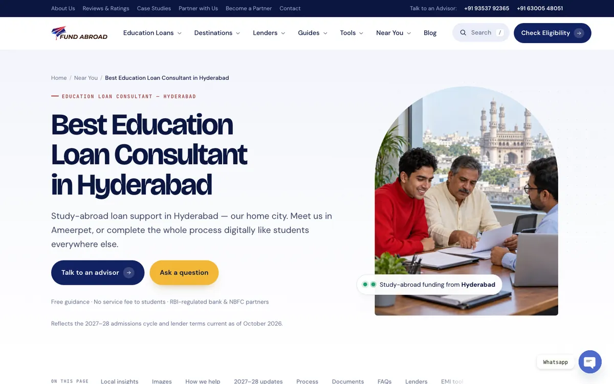 Fund Abroad website redesign case study: the new Hyderabad education loan consultant page with the Charminar behind an advisor