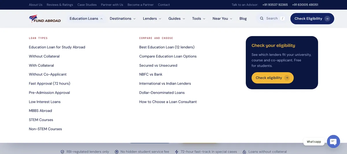 Fund Abroad website redesign case study: the new Education Loans mega menu with loan types, compare and choose, and an eligibility card