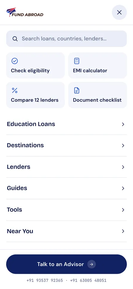 Fund Abroad website redesign case study: the new mobile menu with a search box, four shortcuts and the menu groups