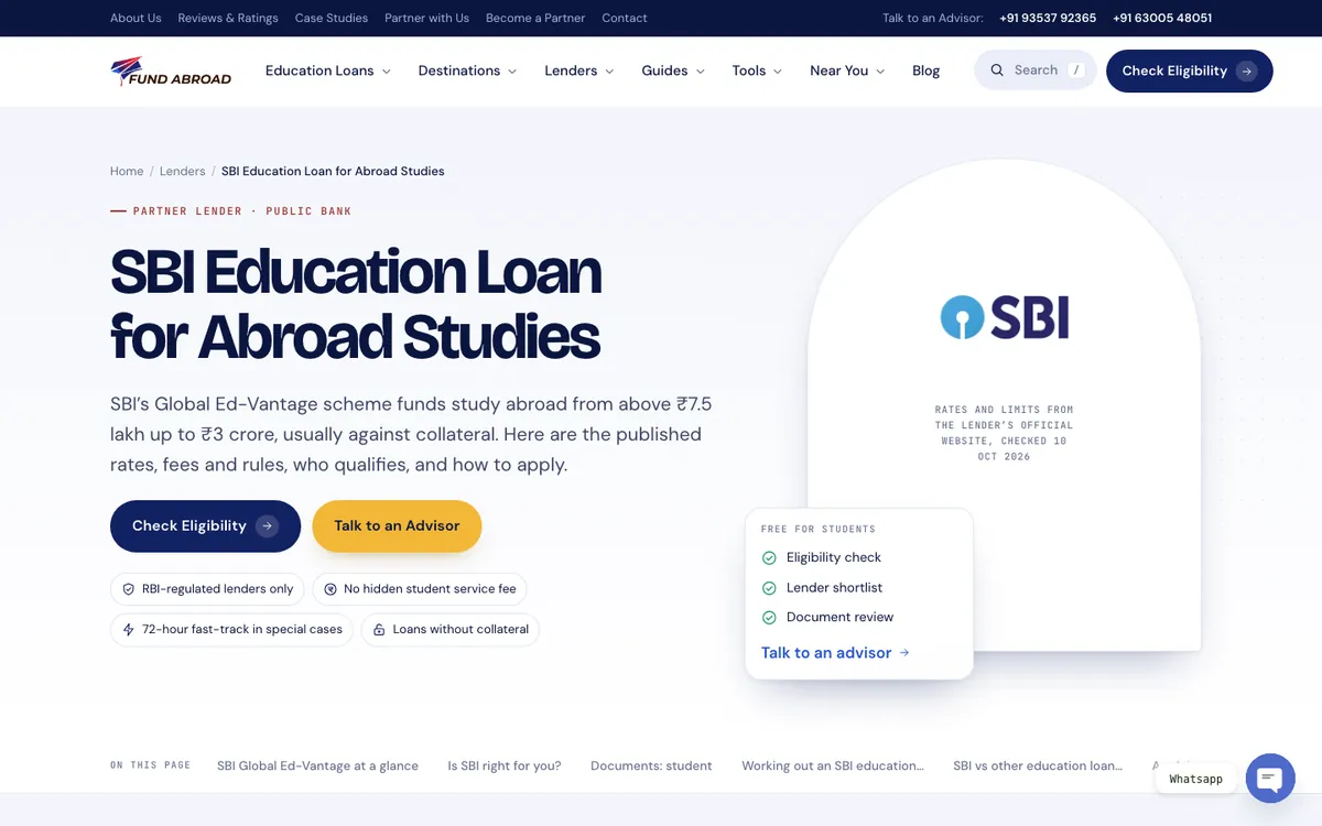 Fund Abroad website redesign case study: the new SBI education loan page with the SBI logo in an arch panel and the date the rates were checked