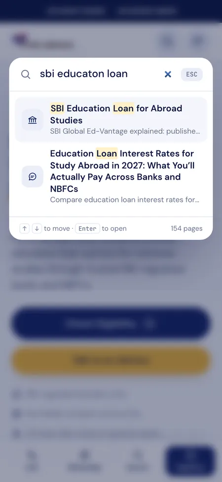 Fund Abroad website redesign: the new site search on a phone finding the SBI education loan page from the misspelt query sbi educaton loan