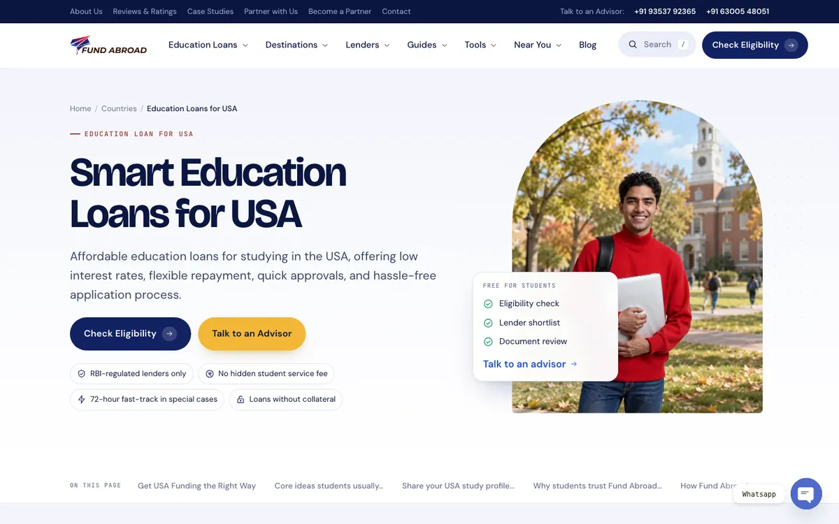 Fund Abroad website redesign case study: the new Education Loans for USA page with a campus photo in an arch and the On this page bar