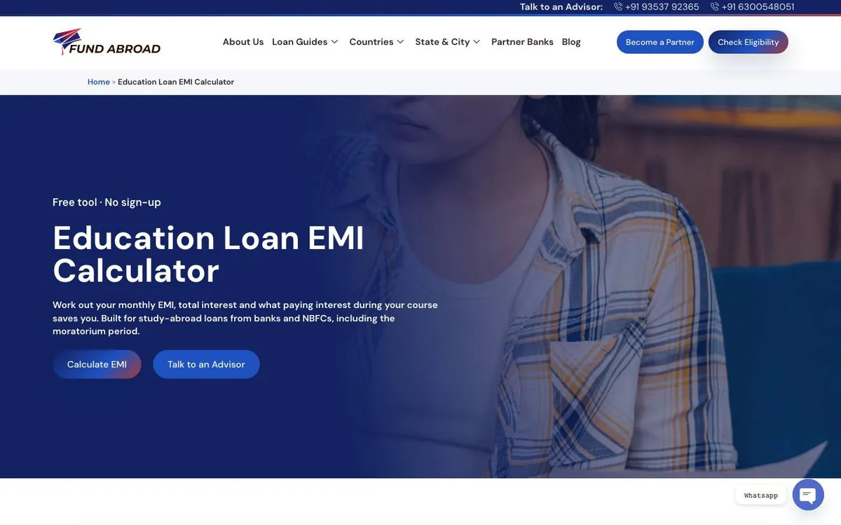 Fund Abroad website redesign case study: the old education loan EMI calculator page