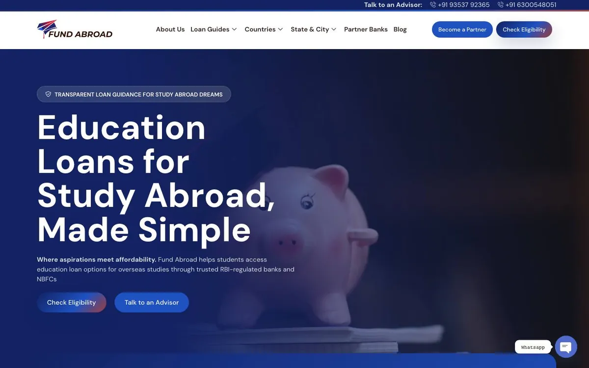 Fund Abroad website redesign case study: the old fundabroad.com homepage on desktop, a dark piggy-bank photo behind the headline