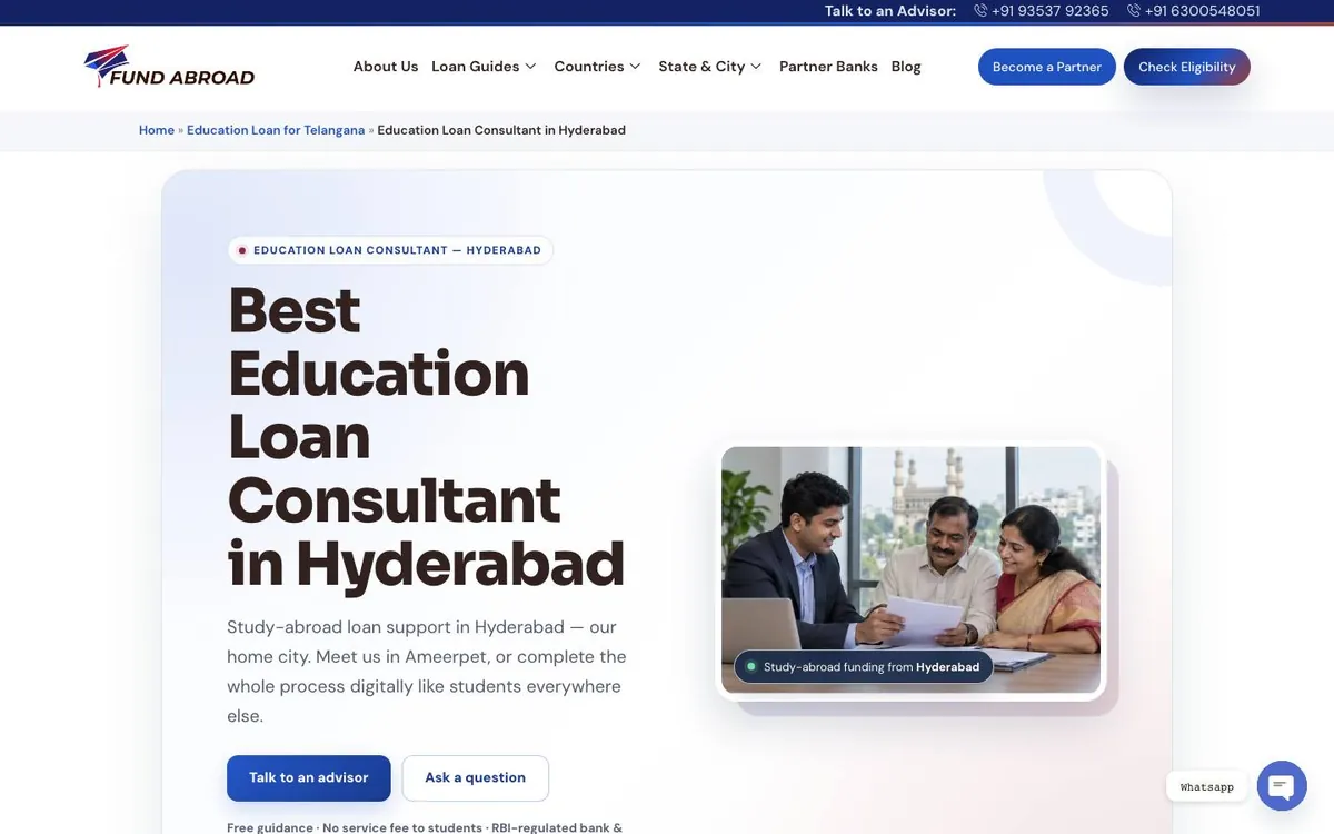 Fund Abroad website redesign case study: the old Hyderabad education loan consultant page