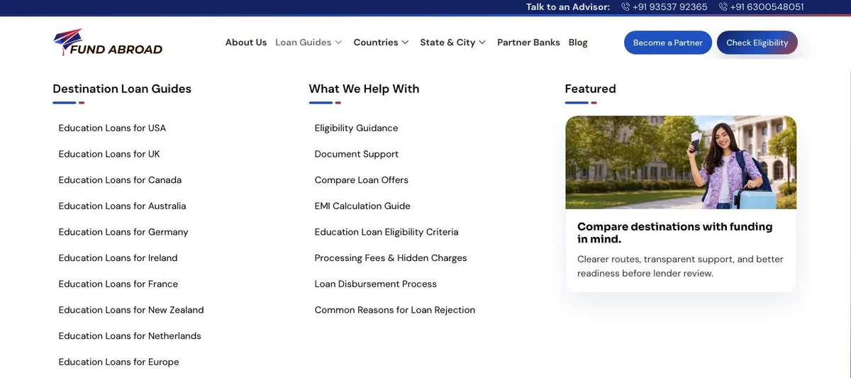 Fund Abroad website redesign case study: the old Loan Guides menu with two long lists and a featured card