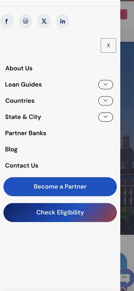 Fund Abroad website redesign case study: the old mobile menu