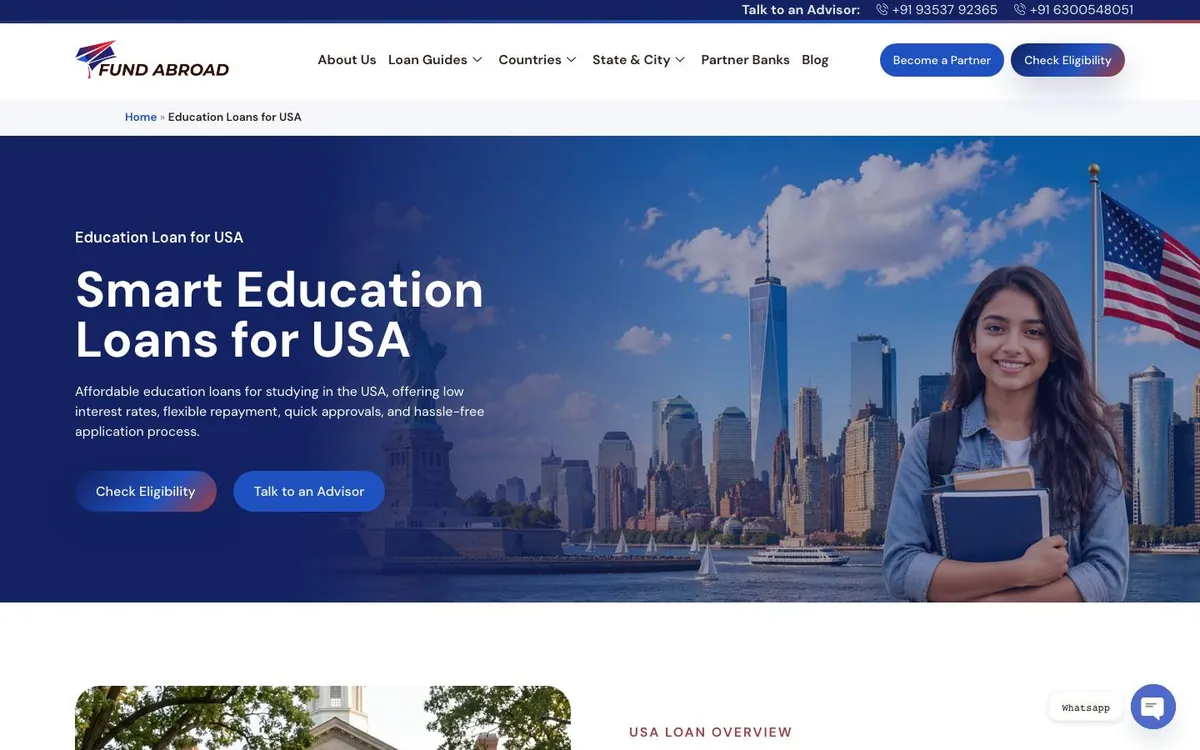 Fund Abroad website redesign case study: the old Education Loans for USA page