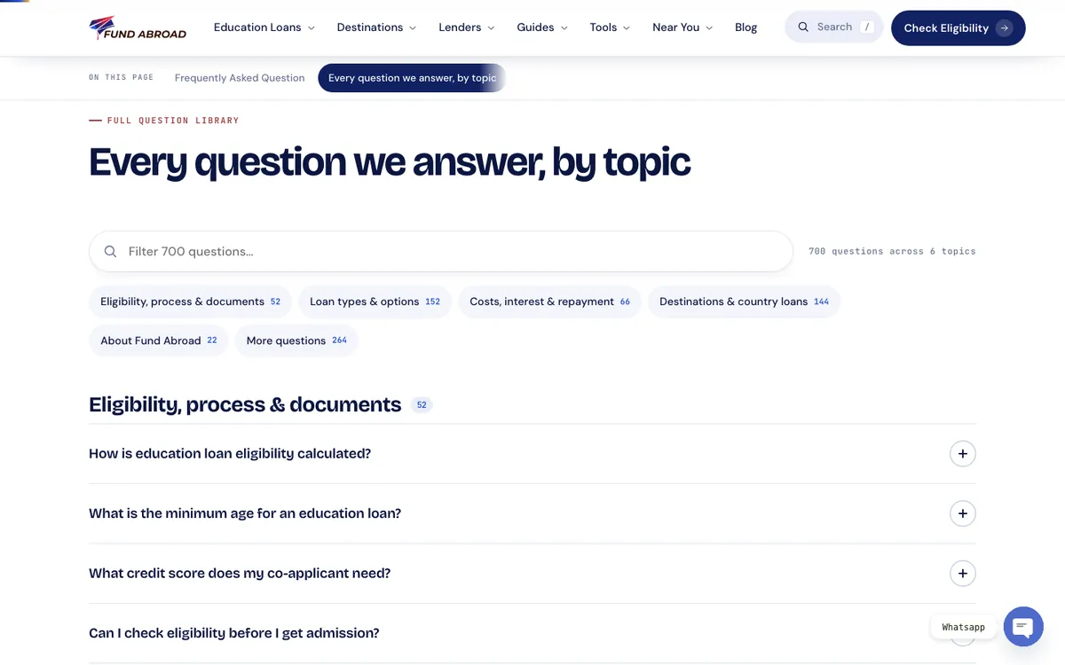 Fund Abroad website redesign case study: the 700-question FAQ directory with a filter box and six topics