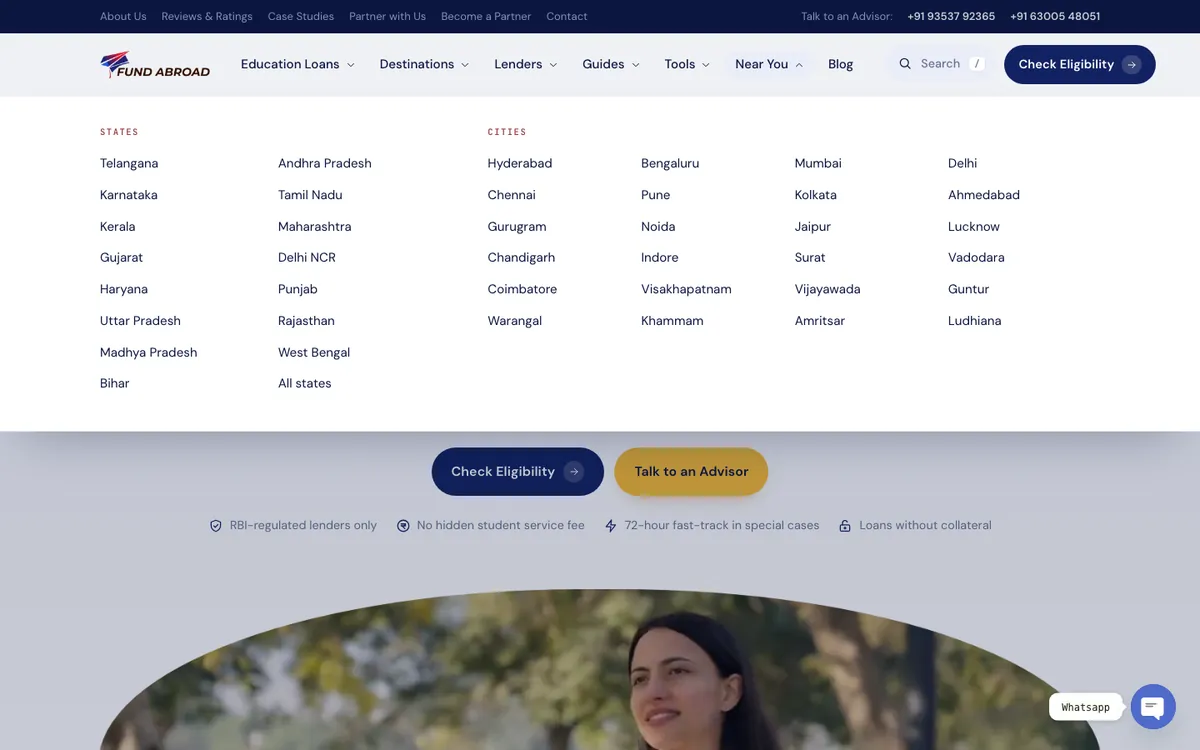 Fund Abroad website redesign case study: the Near You mega menu listing 15 states and 24 cities