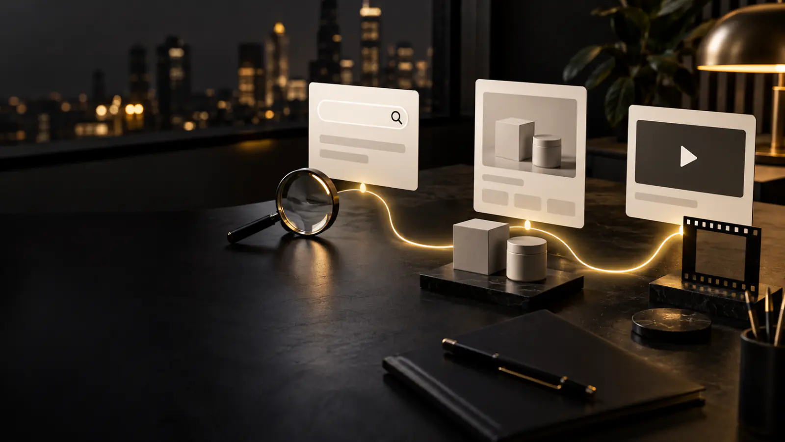 Search advertising planning desk with campaign cards and conversion notes
