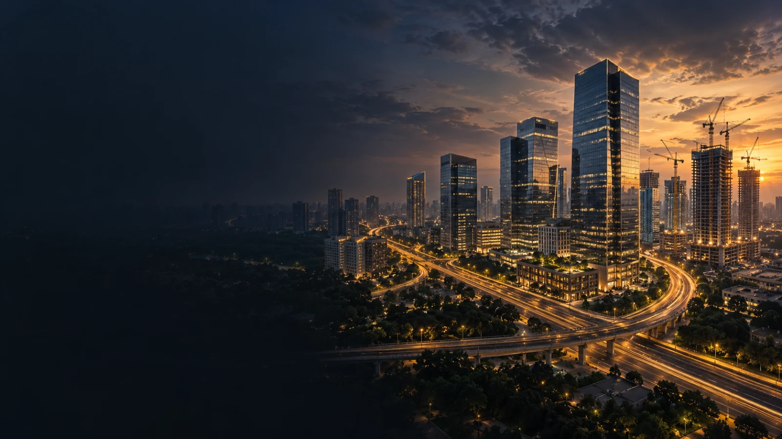 Gurugram corporate skyline and business district at dusk