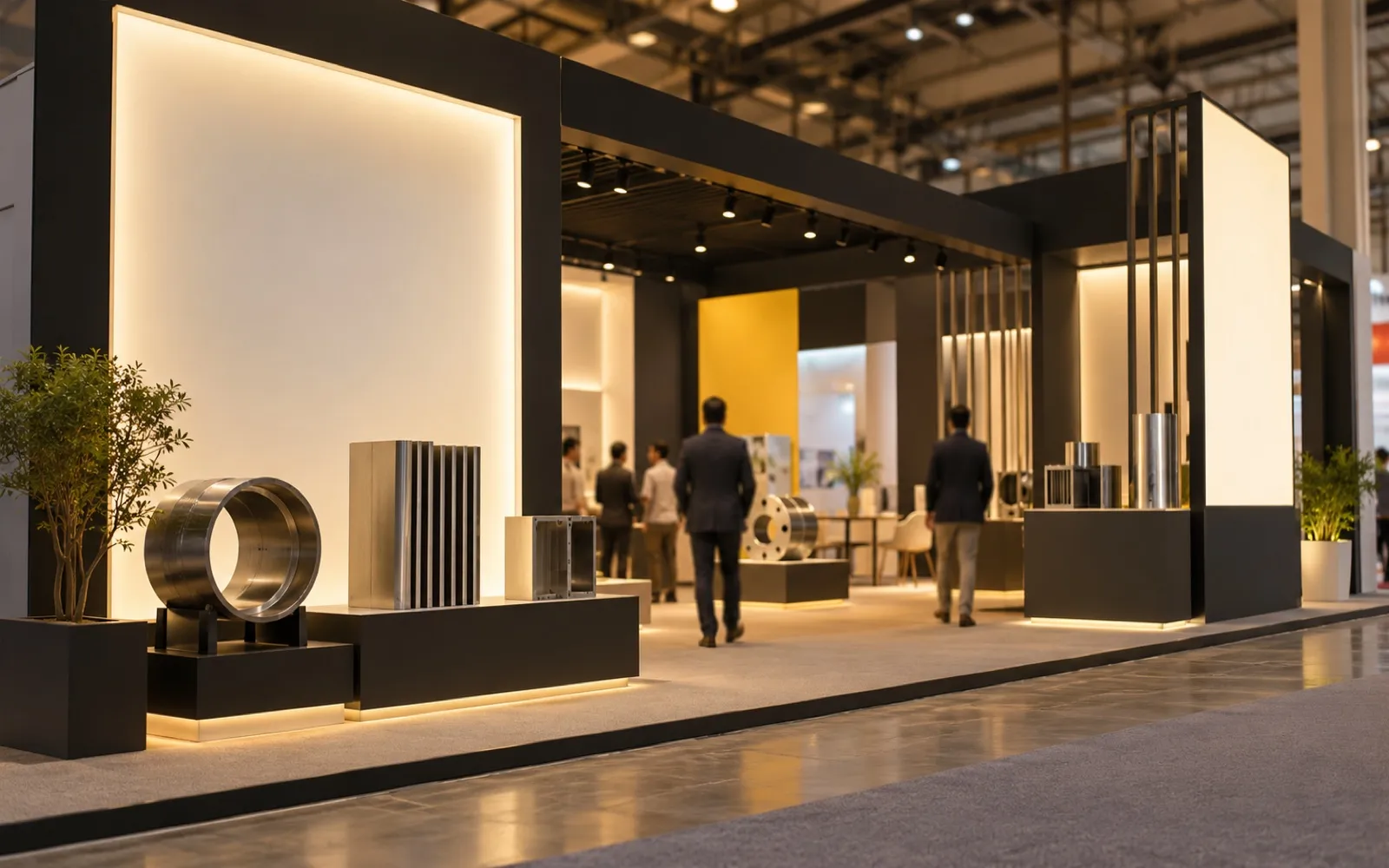 Industrial trade fair booth with machined steel products on display