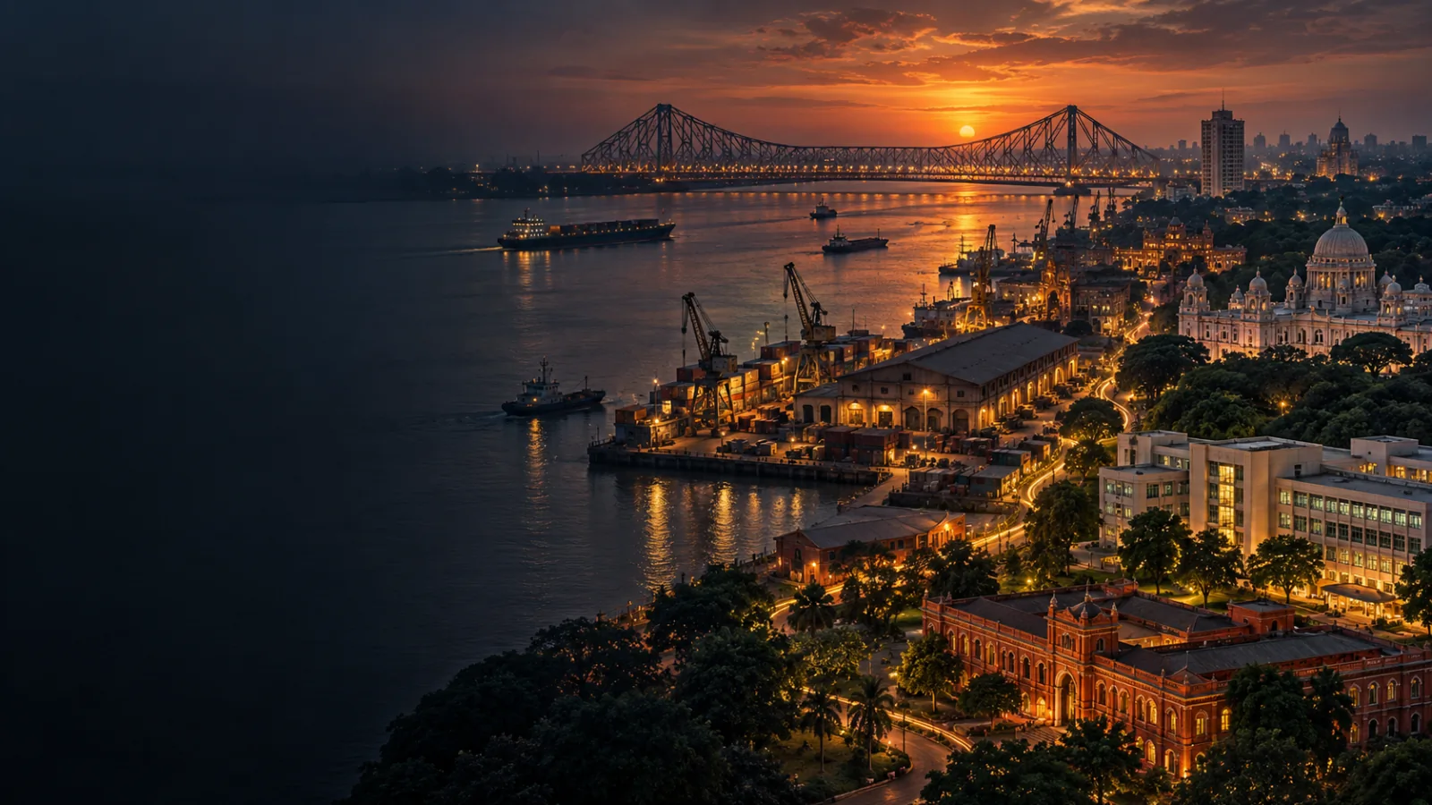 Kolkata business district and river crossing at dusk