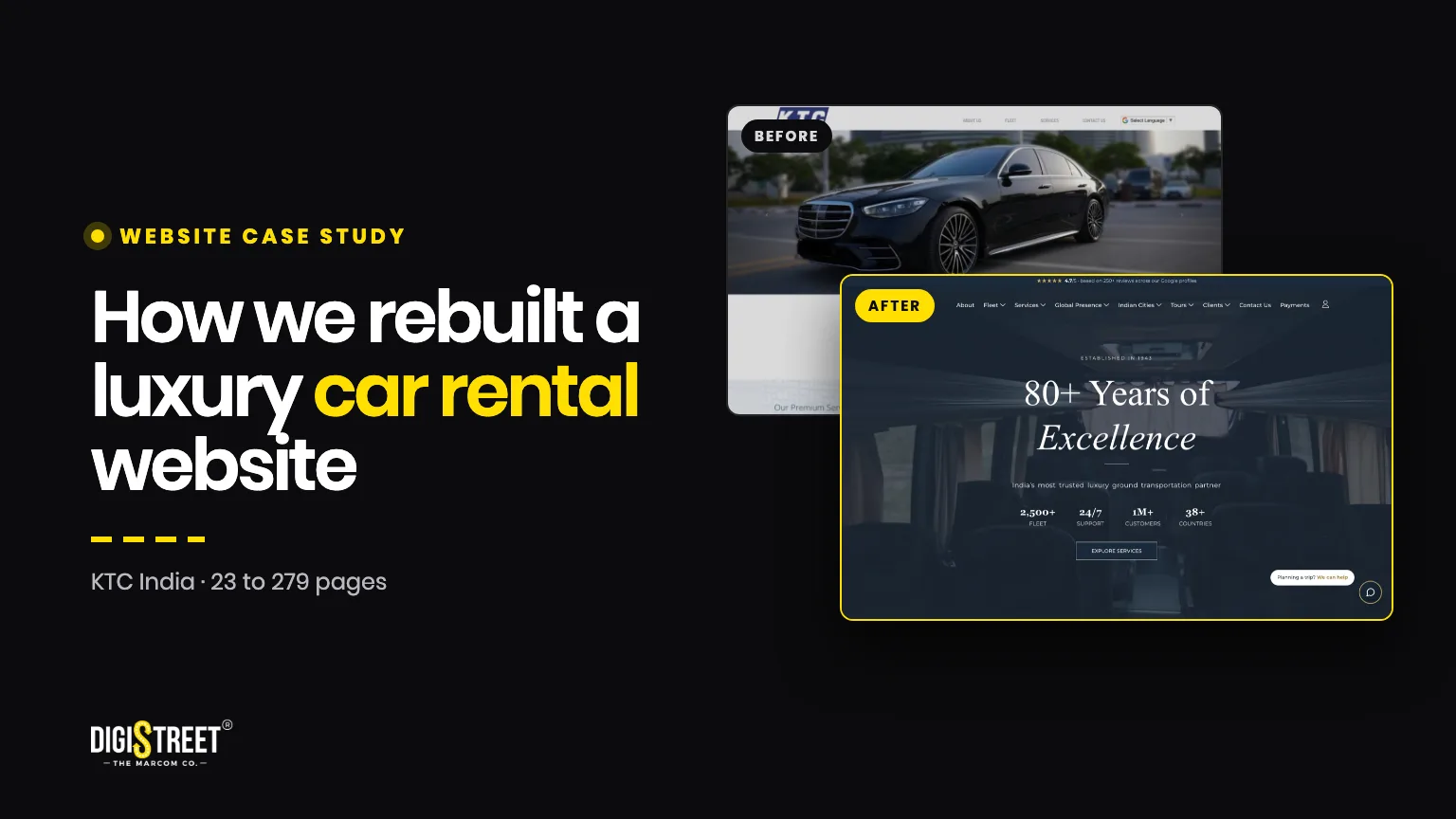 KTC India car rental website redesign by DigiStreet Media: the old template homepage beside the rebuilt ktcindia.com homepage