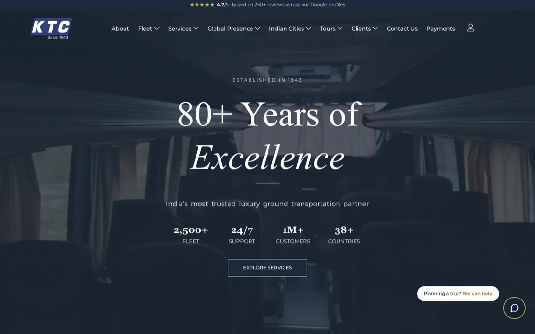 KTC India car rental website redesign: the rebuilt ktcindia.com homepage with a review bar, category menus and credibility counters