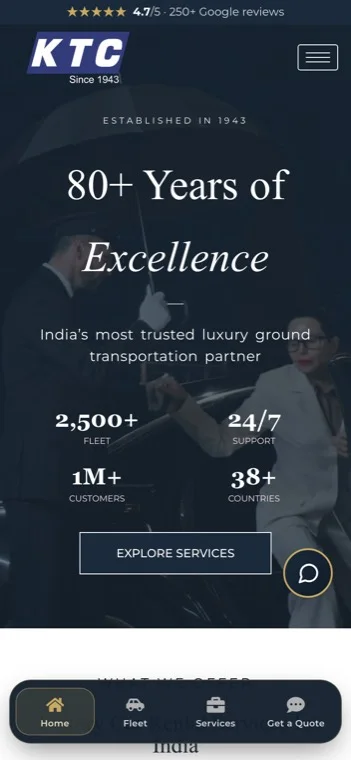 KTC India car rental website redesign case study: the rebuilt ktcindia.com homepage on a phone