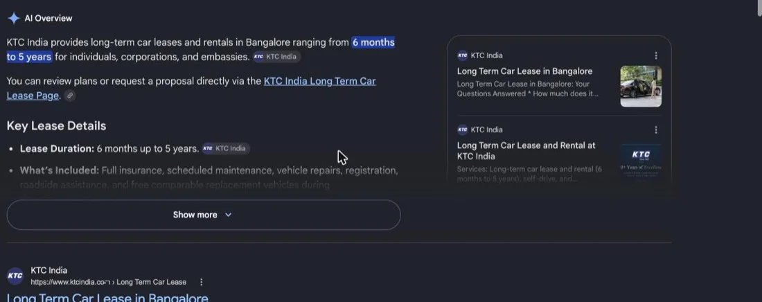 KTC India car rental website redesign: Google's AI Overview answering a Bangalore car lease question from KTC India pages