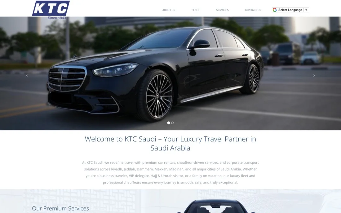 KTC India car rental website redesign case study: the previous template homepage with a thin white header, a car photo carousel and a centred welcome paragraph