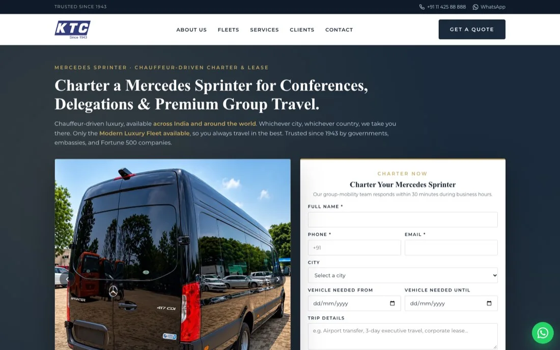 KTC India car rental website redesign case study: a standalone campaign landing page for Mercedes Sprinter hire